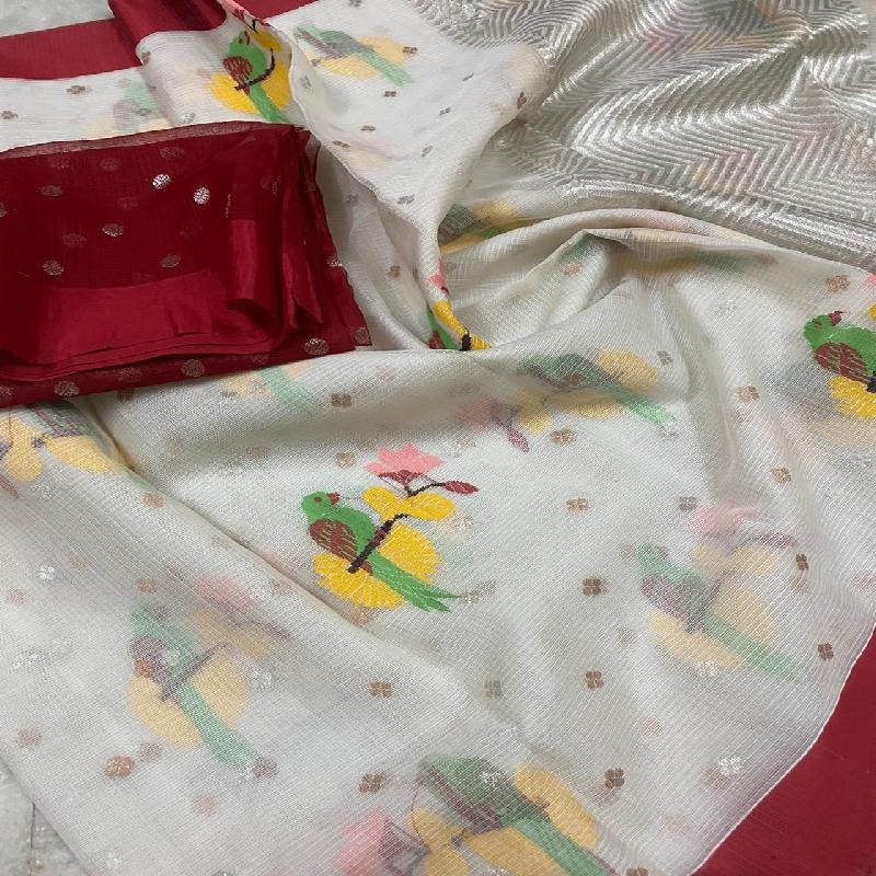 White Kota Silk Saree - WeaveinIndia