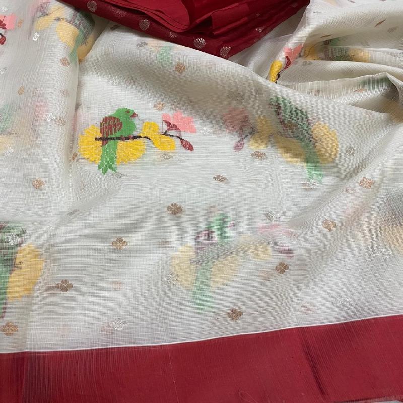White Kota Silk Saree - WeaveinIndia