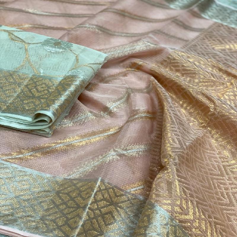 Blush Pink Kota Silk Saree - WeaveinIndia