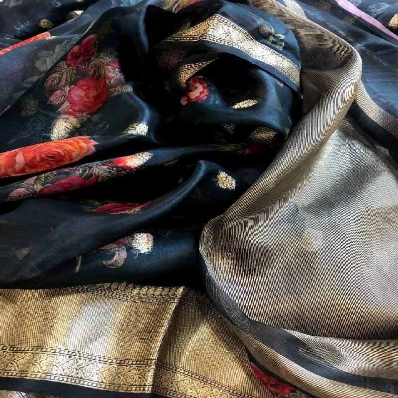 Bluish Grey Digital Printed Organza Saree - WeaveinIndia