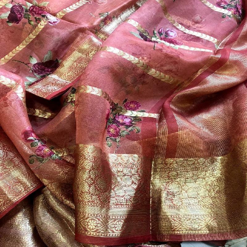 Onion Pink Digital Printed Organza Saree - WeaveinIndia