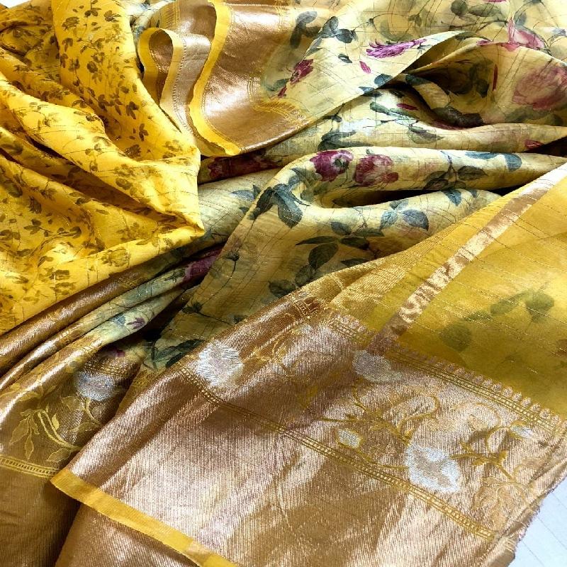Yellow Digital Printed Organza Saree - WeaveinIndia