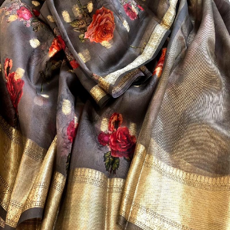 Grey Digital Printed Organza Saree - WeaveinIndia