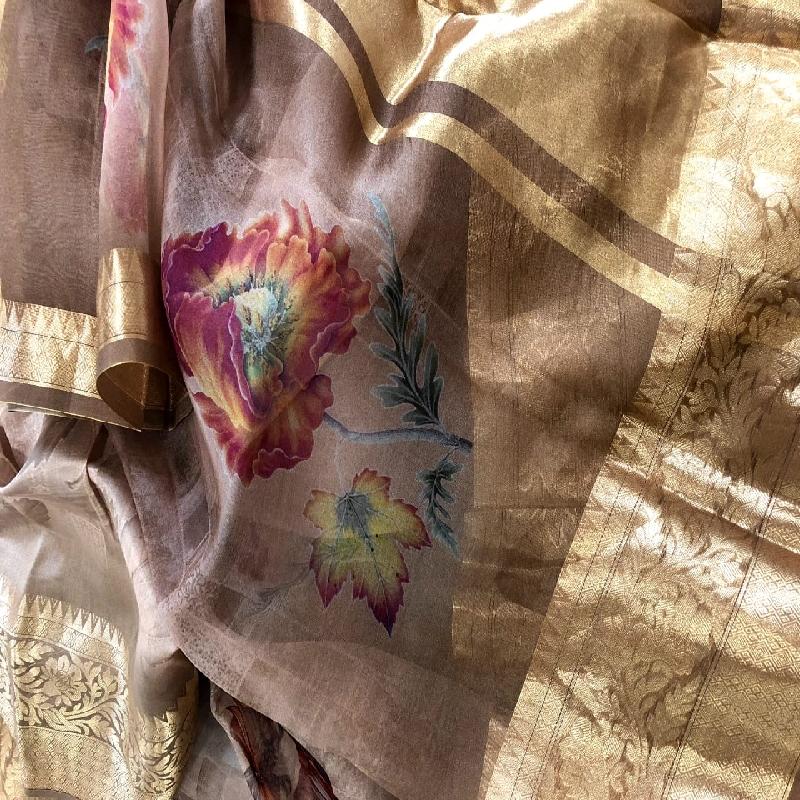 Neutral Digital Printed Organza Saree - WeaveinIndia