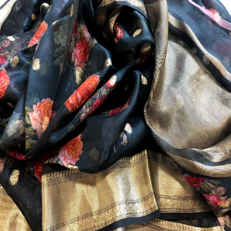 Bluish Grey Digital Printed Organza Saree - WeaveinIndia