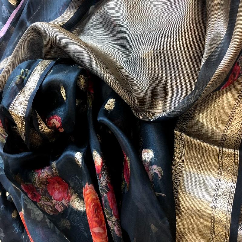 Bluish Grey Digital Printed Organza Saree - WeaveinIndia