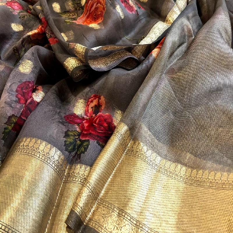 Grey Digital Printed Organza Saree - WeaveinIndia