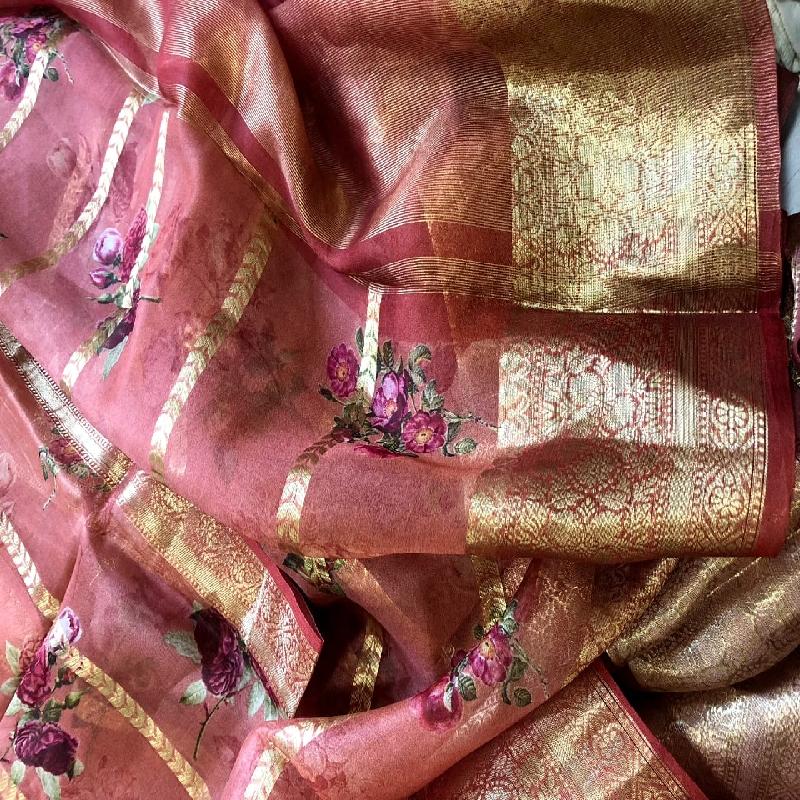 Onion Pink Digital Printed Organza Saree - WeaveinIndia