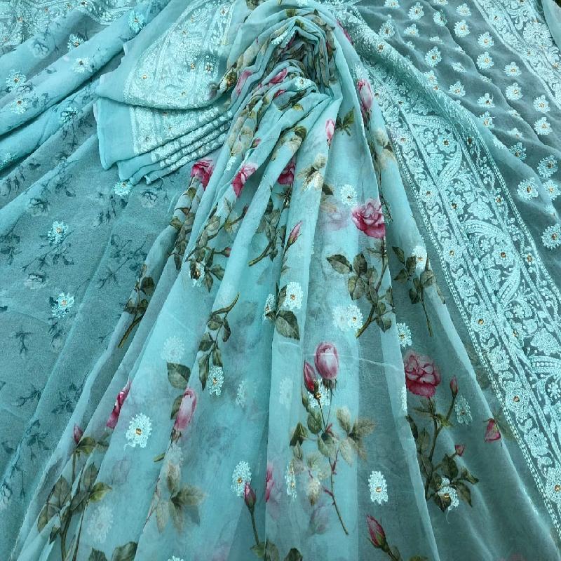 Blue Digital printed Georgette saree - WeaveinIndia