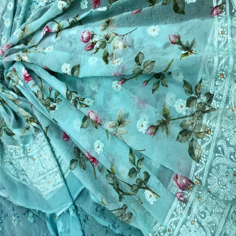 Blue Digital printed Georgette saree - WeaveinIndia