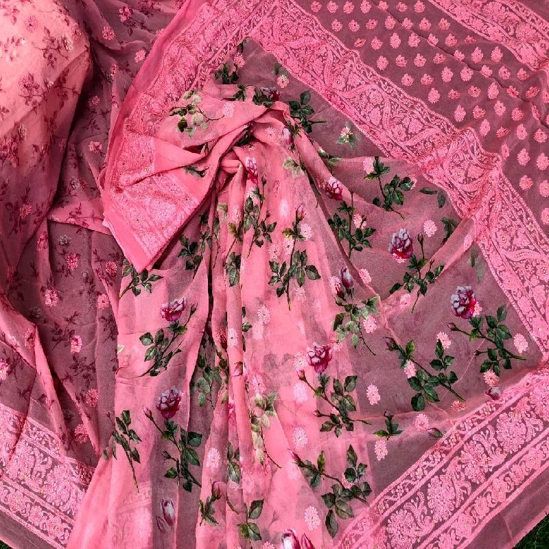 Pink Digital Printed Georgette Saree - WeaveinIndia