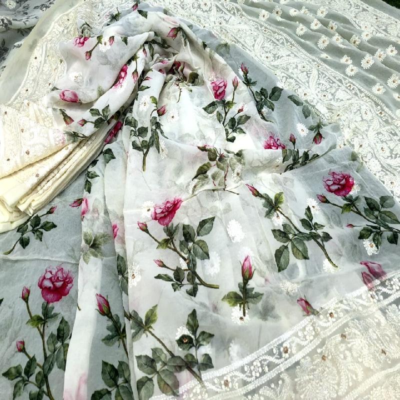 White Digital Printed Georgette Saeee - WeaveinIndia