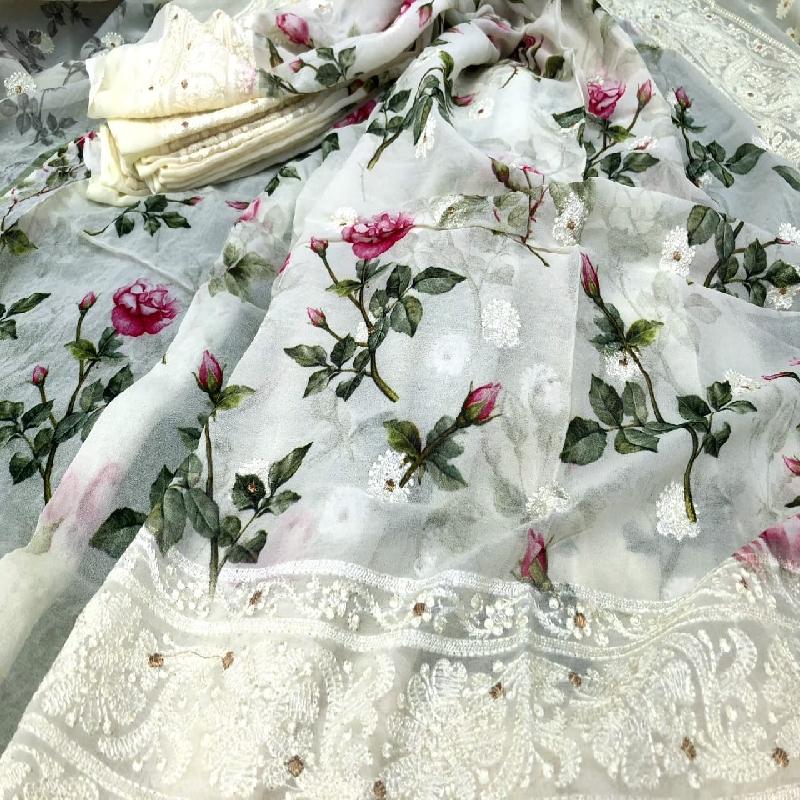 White Digital Printed Georgette Saeee - WeaveinIndia