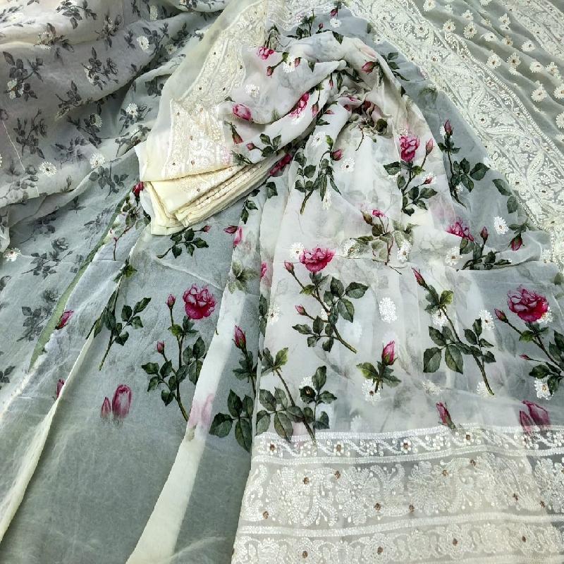 White Digital Printed Georgette Saeee - WeaveinIndia