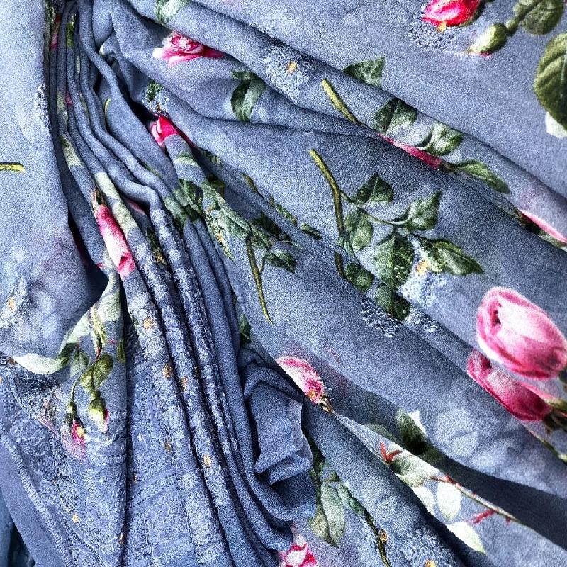 Slate Grey Digital Printed Georgette Saree - WeaveinIndia