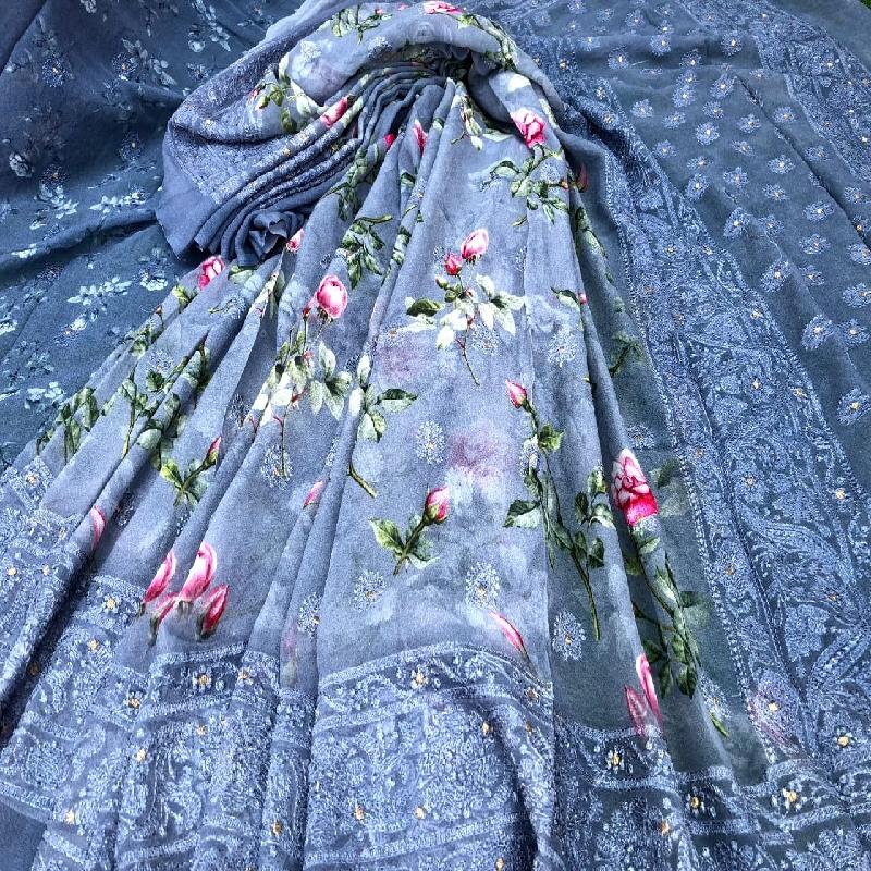 Slate Grey Digital Printed Georgette Saree - WeaveinIndia