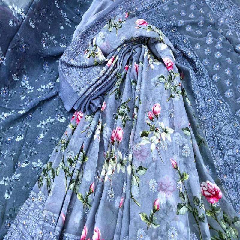 Slate Grey Digital Printed Georgette Saree - WeaveinIndia