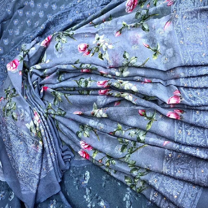 Slate Grey Digital Printed Georgette Saree - WeaveinIndia