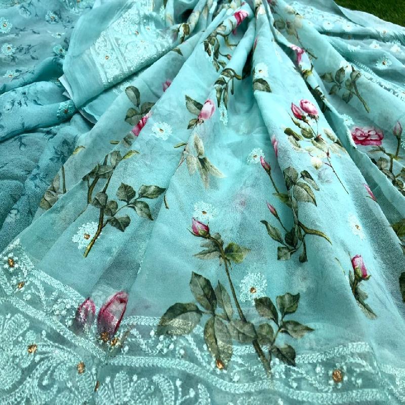 Blue Digital printed Georgette saree - WeaveinIndia