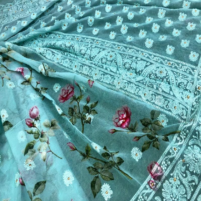 Blue Digital printed Georgette saree - WeaveinIndia