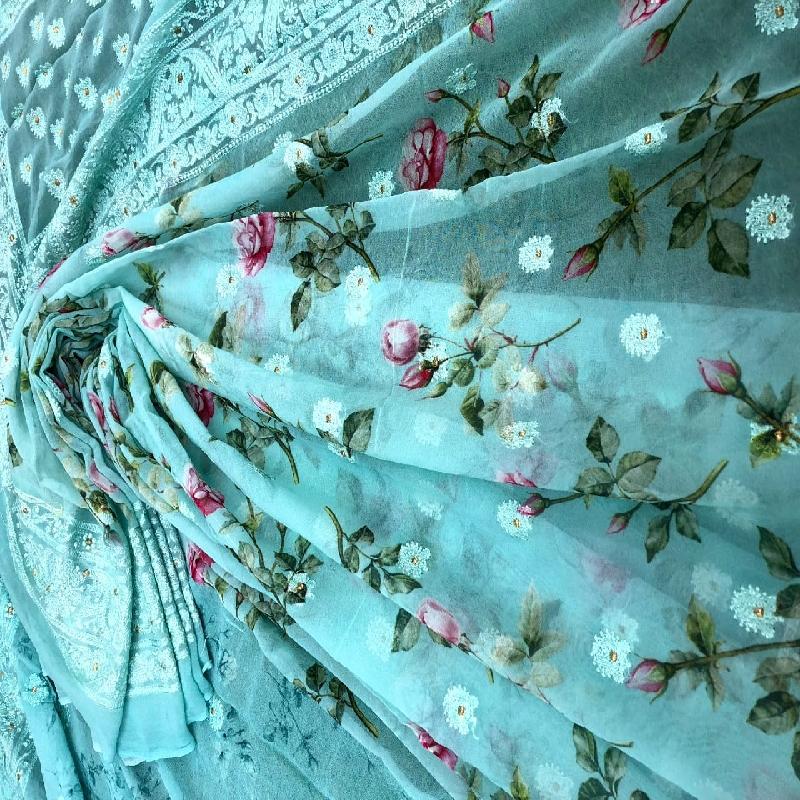 Blue Digital printed Georgette saree - WeaveinIndia