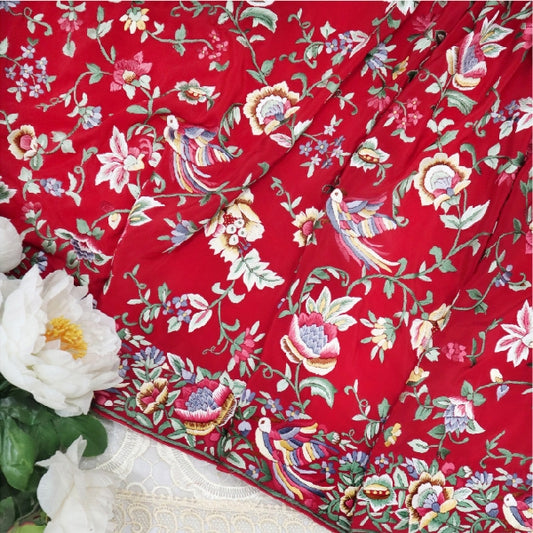 Red Hand Embroidered Parsigara Saree