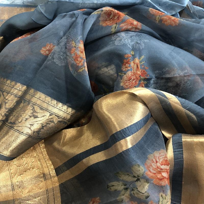 Bluish Grey Digital Printed Organza Saree - WeaveinIndia
