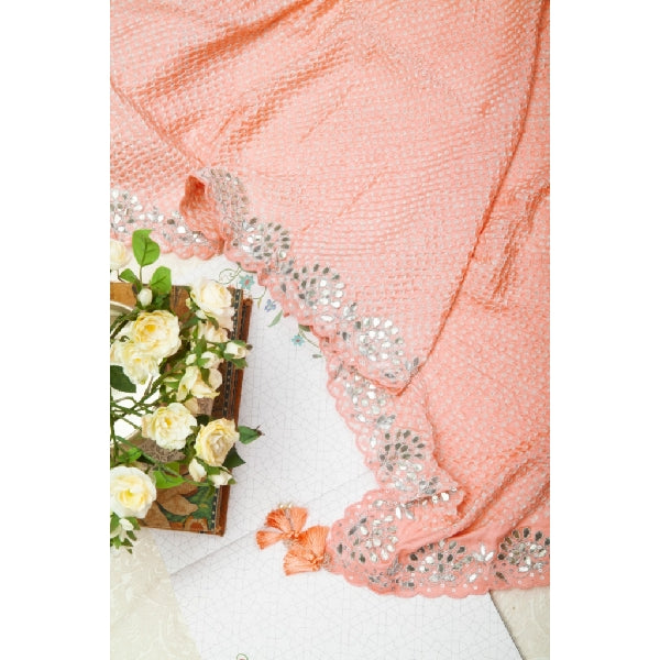 Hand Embroidered Peach Bandhani With Gota Patti Dupatta