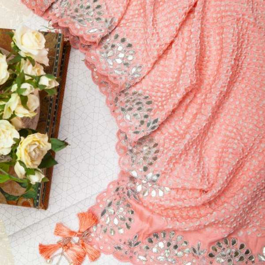 Hand Embroidered Peach Bandhani With Gota Patti Dupatta