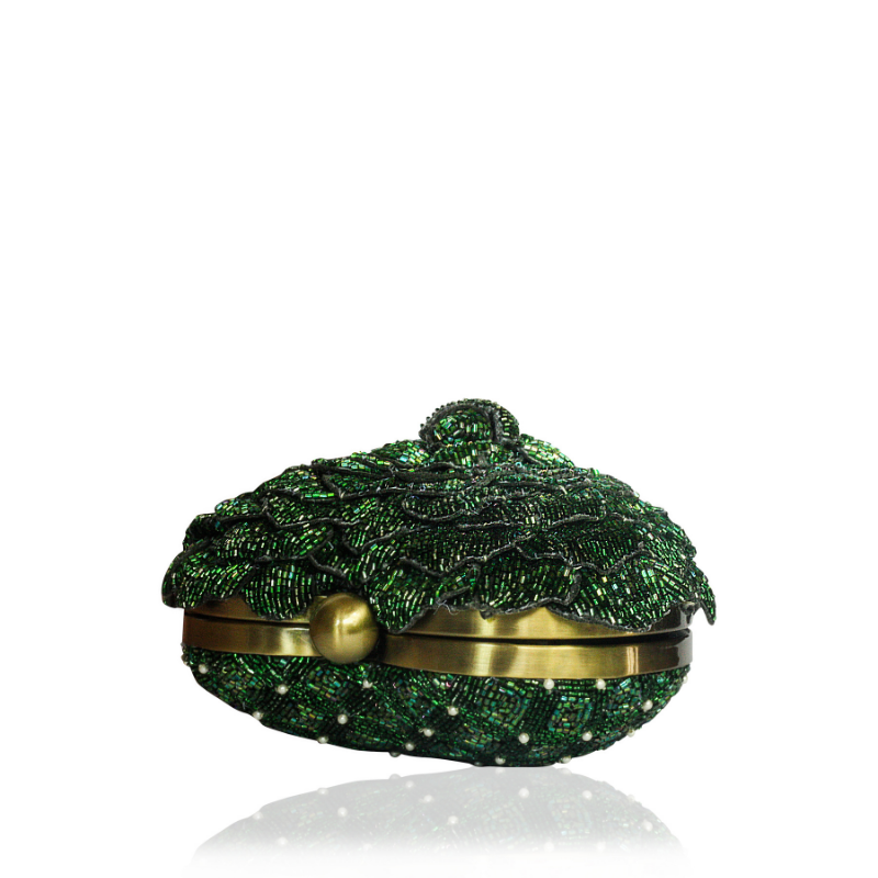 ISA BEADED HEART CLUTCH -GREEN