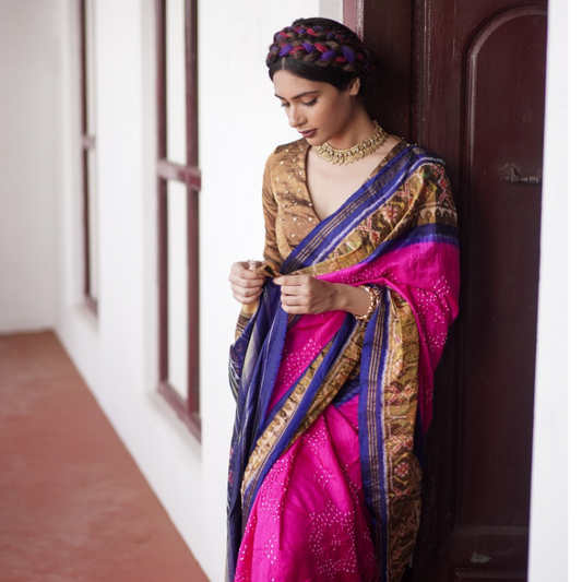 Pink Bandhani Ikat Border Saree