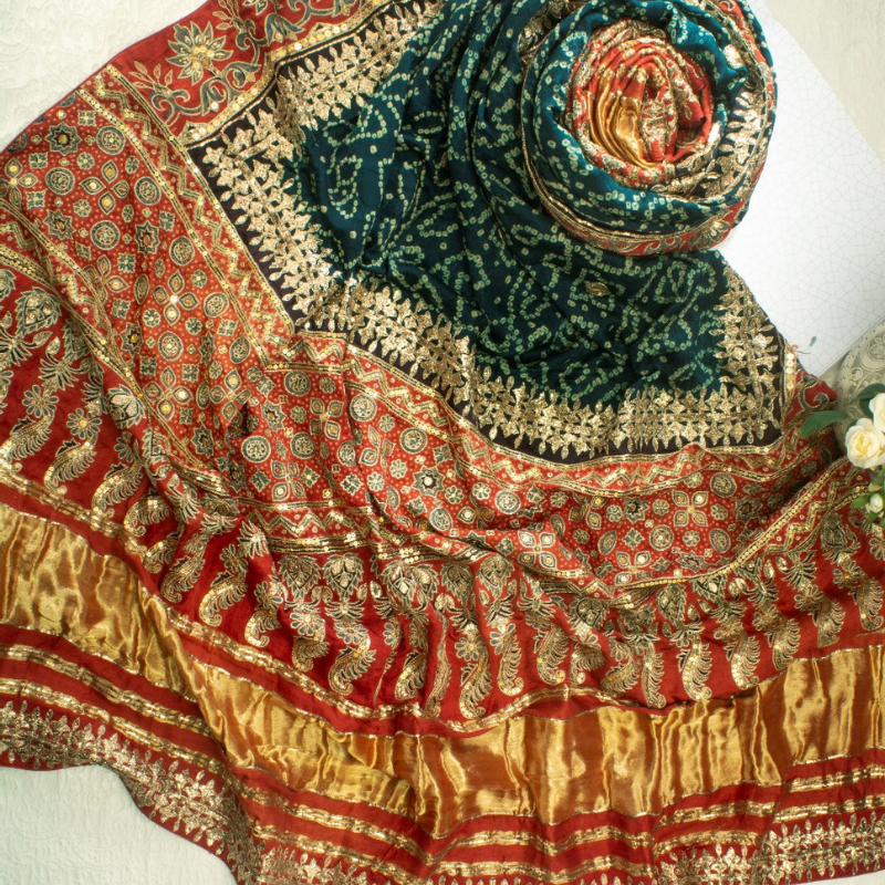 Hand Embroidered Emerald Green Ajrakh Bandhani Dupatta