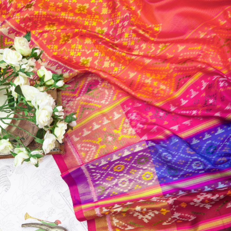 Coral Pink Patola Single Ikat Silk Saree