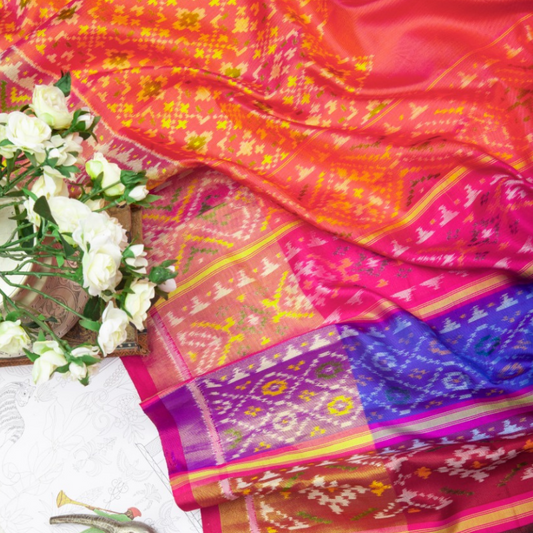 Coral Pink Patola Single Ikat Silk Saree