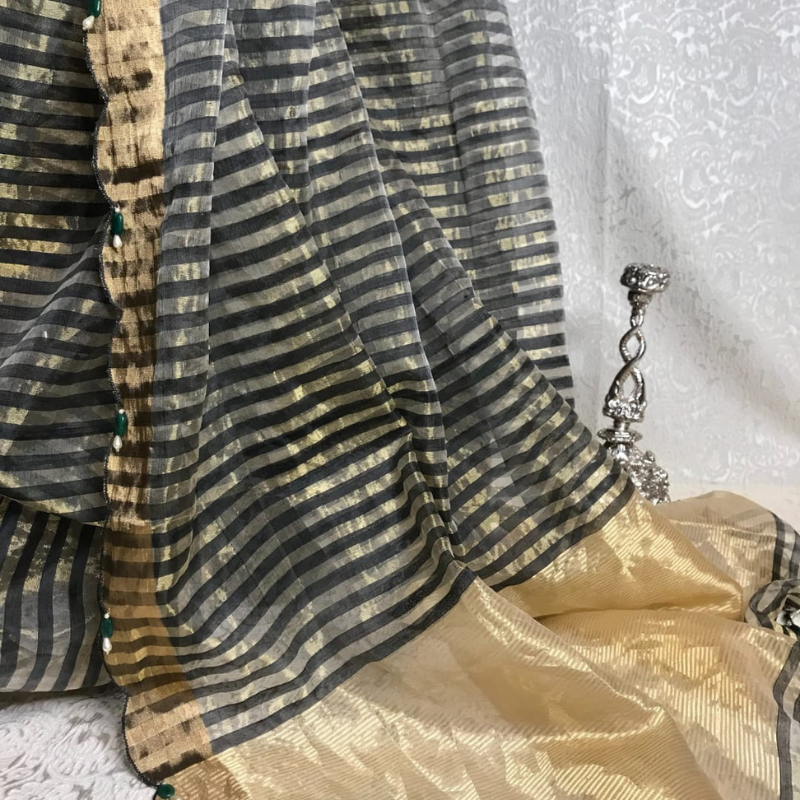 Black Chanderi Scallop Hand Embroidered Saree