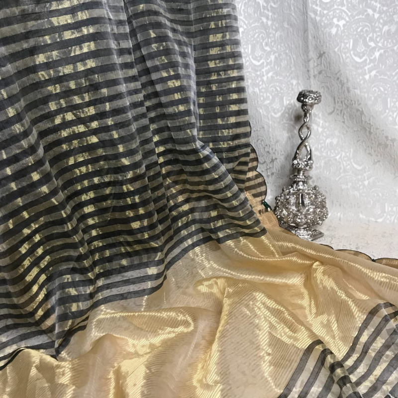 Black Chanderi Scallop Hand Embroidered Saree