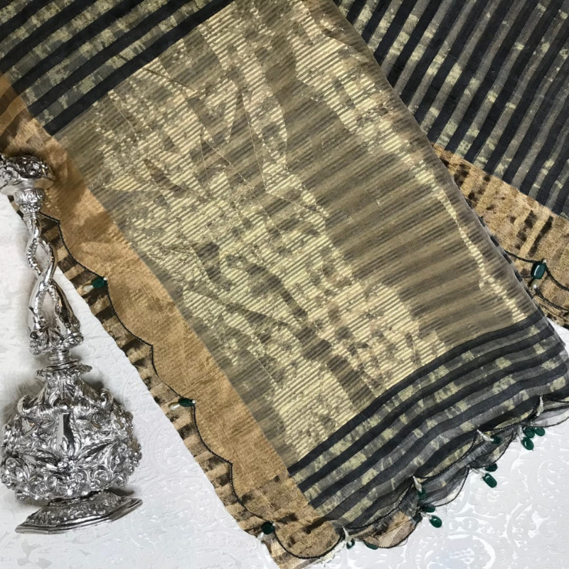 Black Chanderi Scallop Hand Embroidered Saree