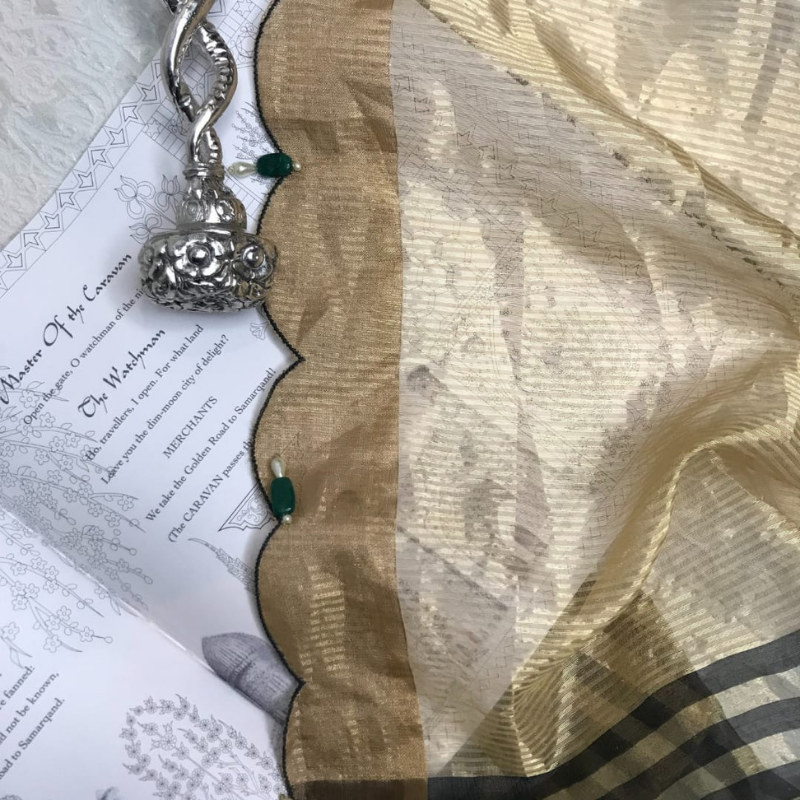 Black Chanderi Scallop Hand Embroidered Saree