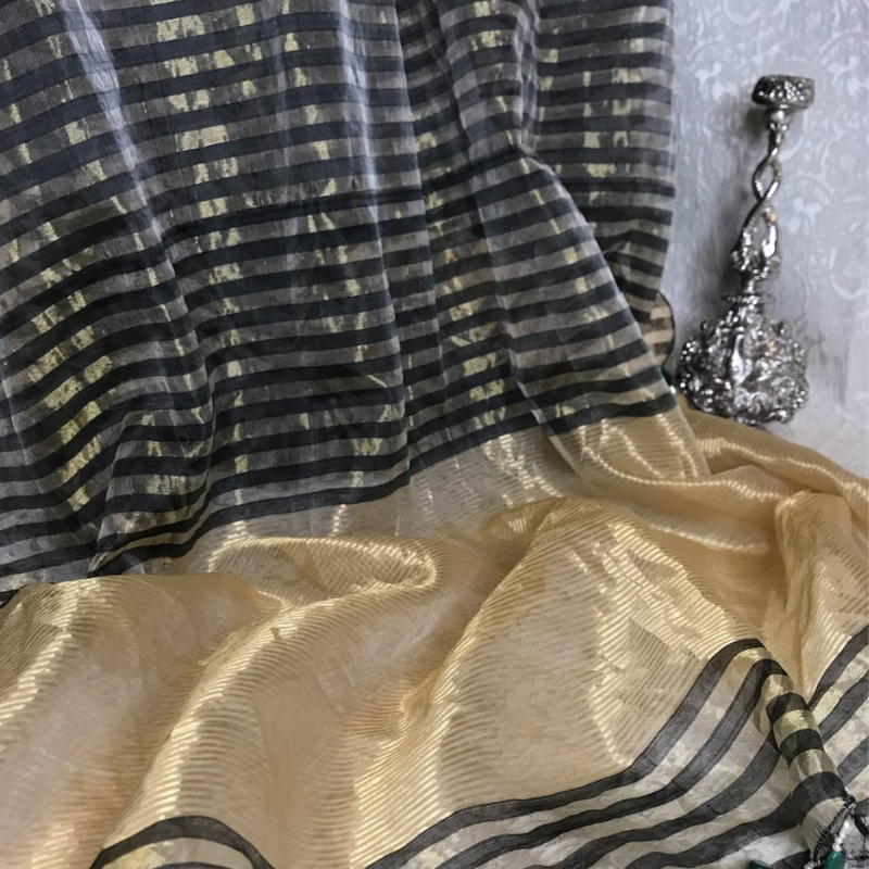 Black Chanderi Scallop Hand Embroidered Saree