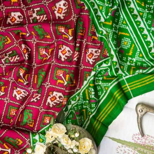 Green and Pink 4 Figure Double Ikat Patan Patola Saree