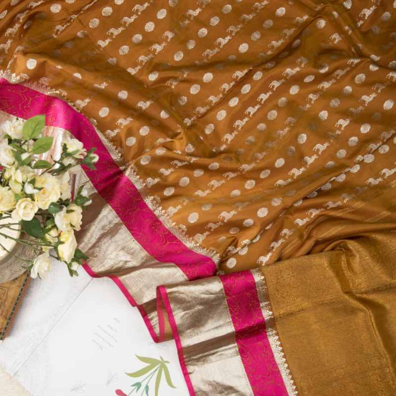 Cider Brown Kanjivaram Silk Dupatta - WeaveinIndia