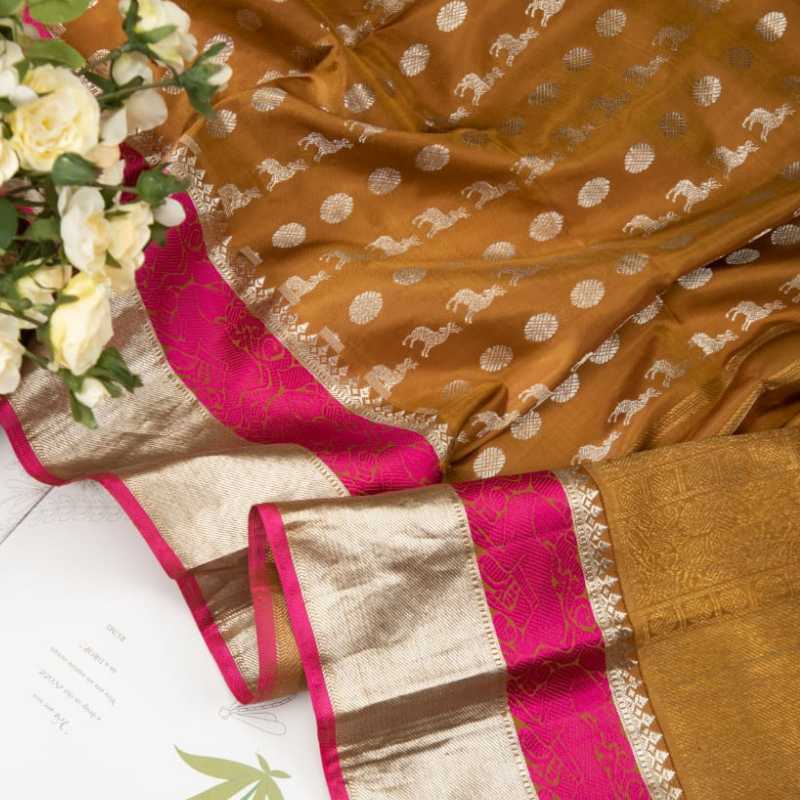Cider Brown Kanjivaram Silk Dupatta - WeaveinIndia
