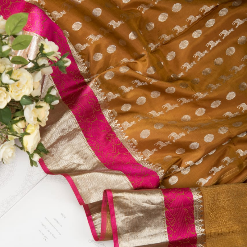 Cider Brown Kanjivaram Silk Dupatta - WeaveinIndia