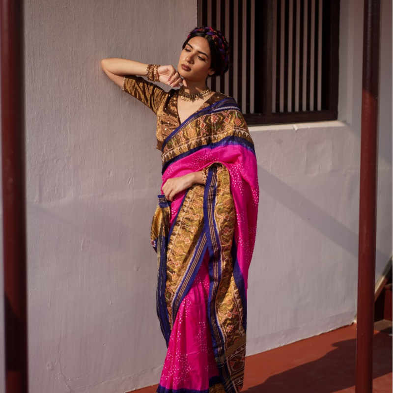 Pink Bandhani Ikat Border Saree