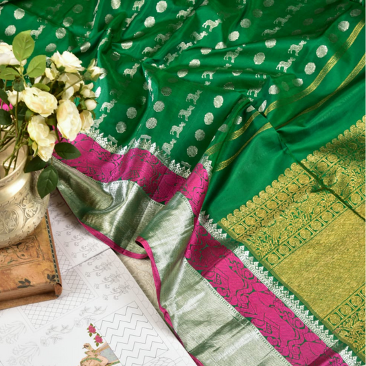 Forest Green Kanjivaram Silk Dupatta - WeaveinIndia