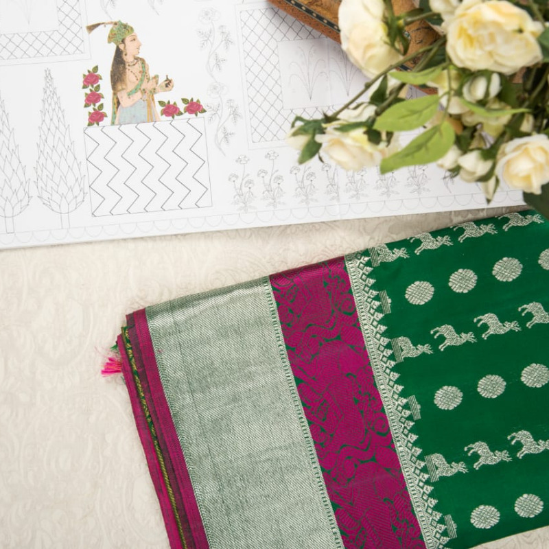 Forest Green Kanjivaram Silk Dupatta - WeaveinIndia