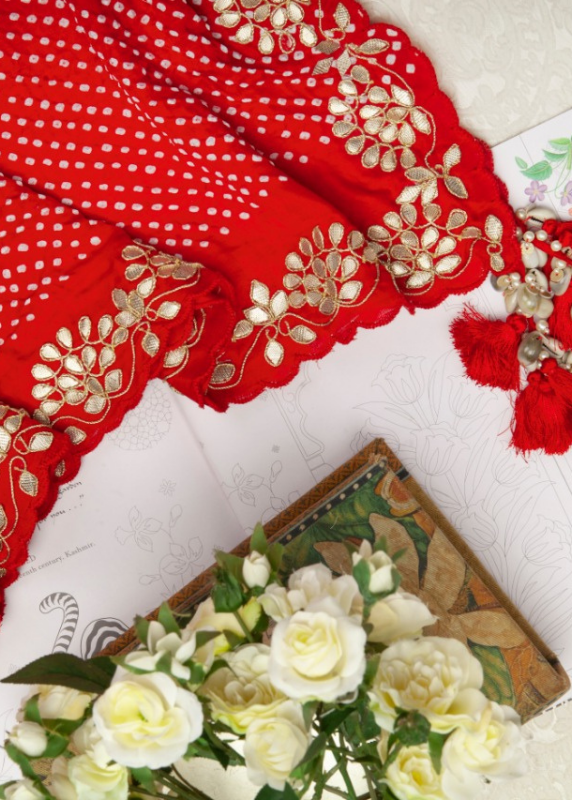 Hand Embroidered Red Bandhani With Gota Patti Dupatta