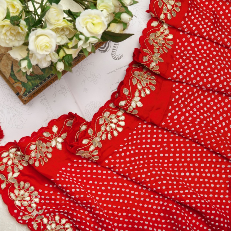 Hand Embroidered Red Bandhani With Gota Patti Dupatta