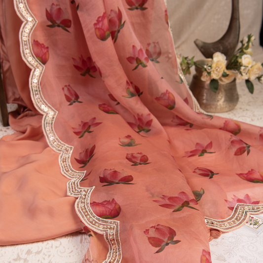 Peach Organza Hand Embroidered Saree