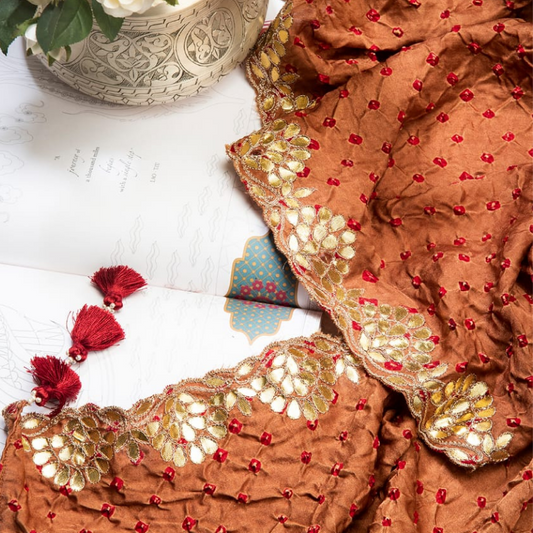 Hand Embroidered Burnt Sienna Bandhani With Gota Patti Dupatta